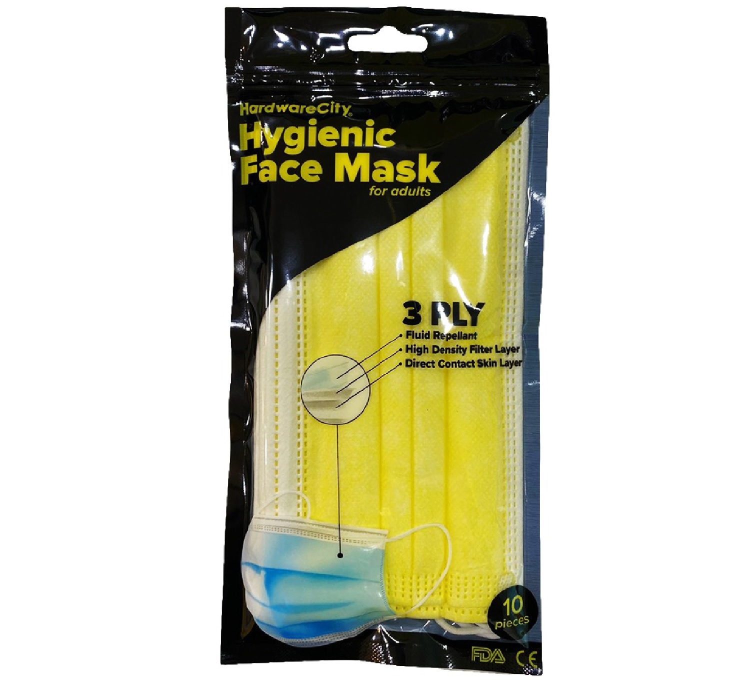 HardwareCity 3 Ply Hygienic Face Mask (Yellow) 10PC/Pack